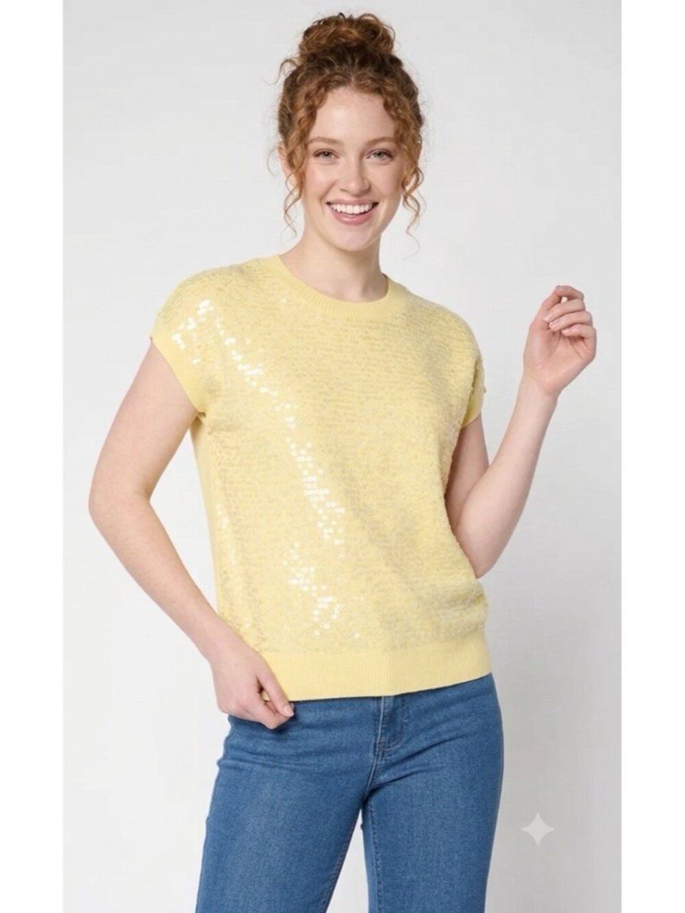 Mally Roncal Sequin Knit Sweater Vest Top Women's L Yellow Sleeveless Crewneck